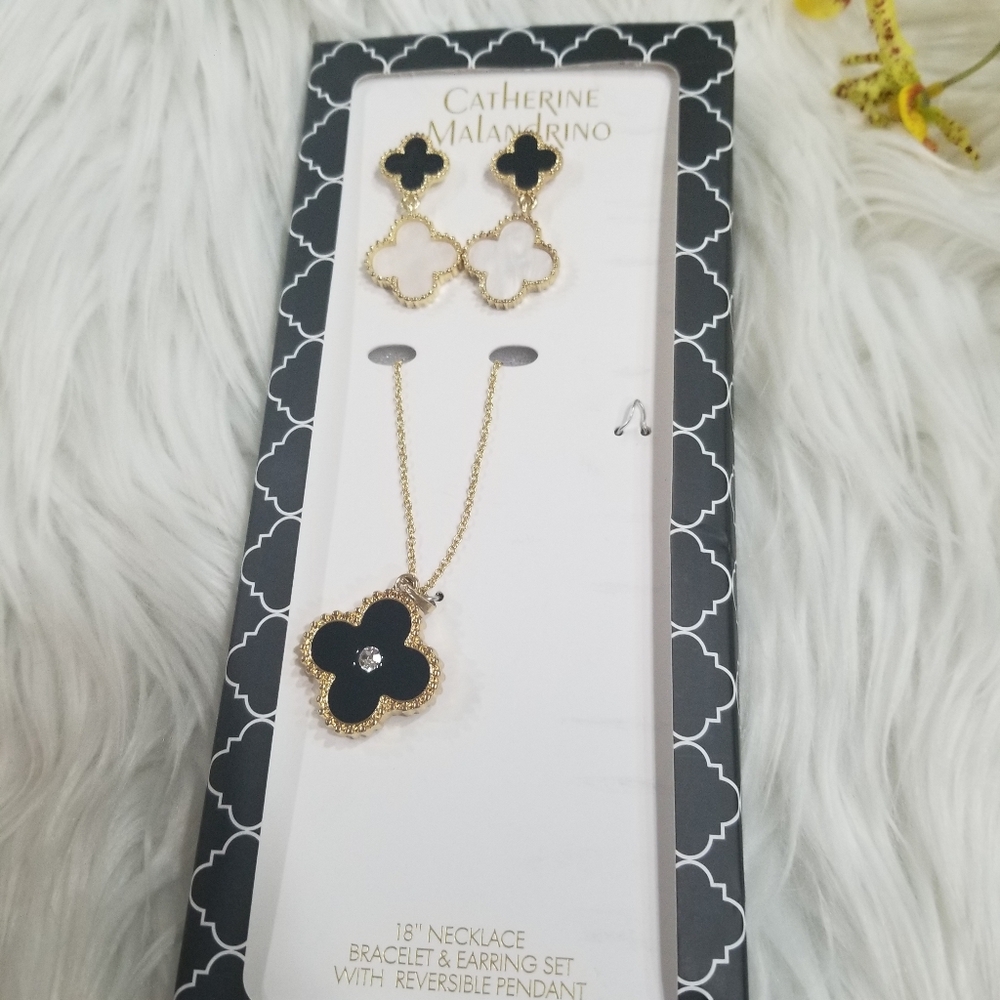 CATHERINE MALANDRINO New! Clover Set Gold Color Necklace and Earrings Re…!!